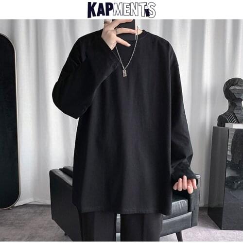 KAPMENTS Men Korea Fashions Harajuku T-shirts 2021 Spring Mens Vintage Solid Long Sleeve T Shirts Male Loose Streetwear Tees 5XL