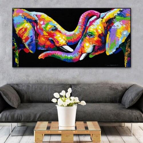 Colorful Elephant Oil Paintings on Canvas Wall Art Posters and Prints Couple Elephants Cuadros Pictures for Living Room Decor