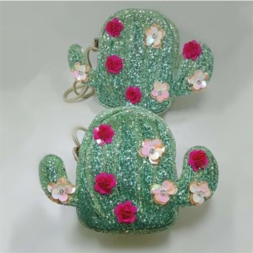 Creative Green Cactus Plant Shoulder Bags Fashion Sequin Flower Mini flower Crossbody Bags Mobile Phone Purse