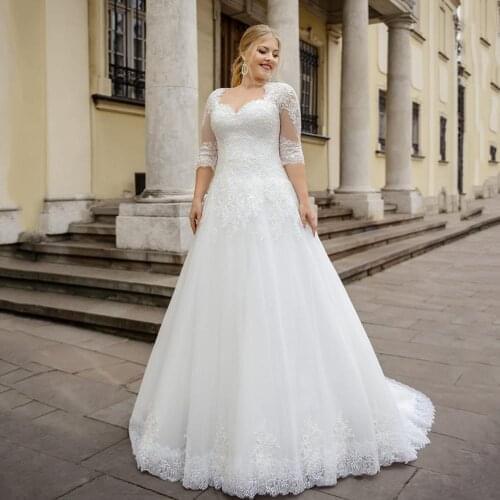 A Line Plus Size Wedding Dress With Half Sleeve Lace Appliques Sweetheart Neck Bride Dress For Big Size Women