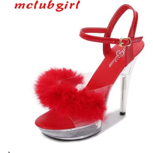 Mclubgirl 2020 Plush Sandals Womens New Summer Shallow Round Head Fashion All-around Sexy High Heels Thin Heels LFD