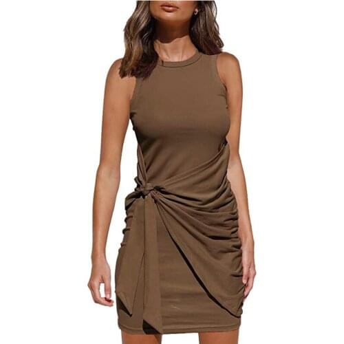 Fashion trend womens sleeveless round neck pleated belt dress