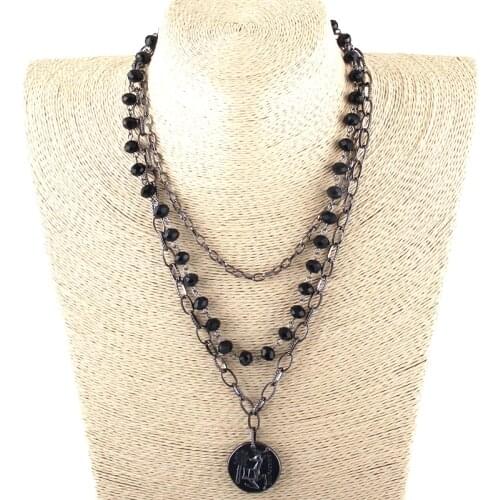 Fashion Bohemian Tribal Jewelry 3 Layer Multiple Crystal Rosary Link & Chain Metal Deer Pendant Necklaces