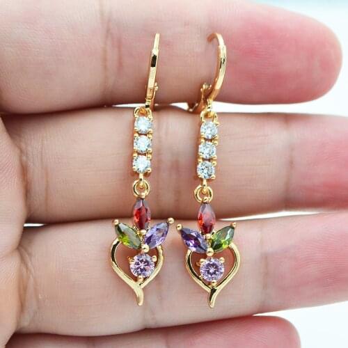 Fashion Jewelry Gold Color Multicolor CZ Zircon Flower Heart Dangle Earrings for Women