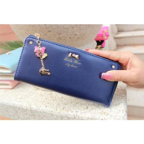 New High Quality Colorful Bowknot Pendant PU Leather Long Design Women Wallet Coin Purse Female Famous Brand Wallets