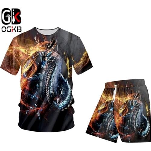 OGKB Summer 2 Pieces Set Women Cool Fire Dragon 3D Print Casual T Shirt And Shorts Tracksuit Hiphop Short Pants Suits Streetwear