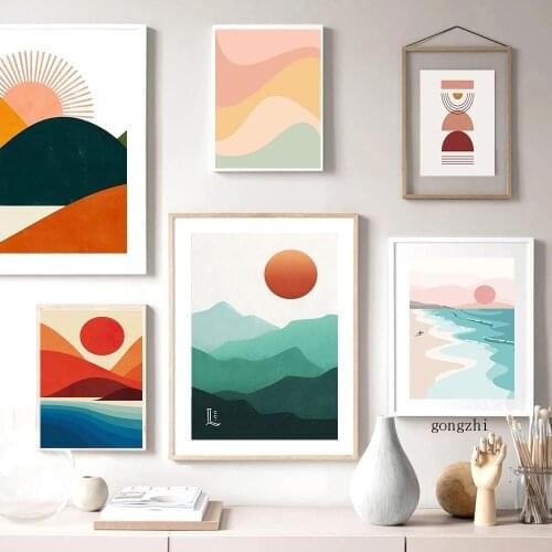 Boho Burnt Orange Sun Mountain Landscape Posters Minimalist Abstract Line Canvas Painting and Prints Wall Art Picture Home Decor