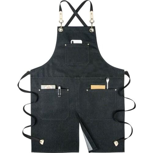 Denim cloth work apron men and women tea shop overalls split fork waist bib apron with pockets print logo