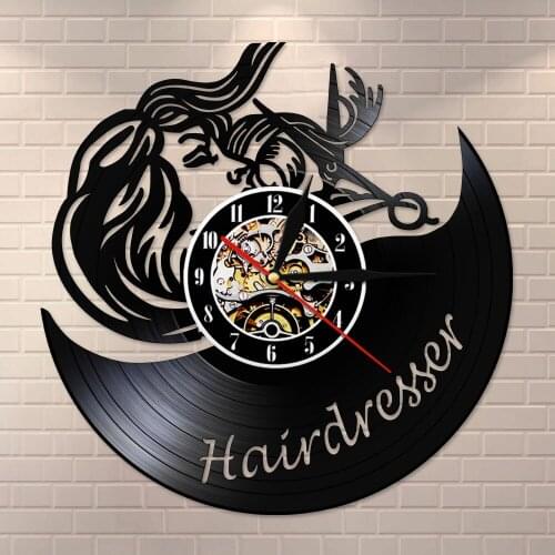 Made of Vinyl Record Hair Salon Decor Hairdresser Black Retro Wall Clock Scissor Barbershop Hairdo Sign Wall Watch Stylist Gift