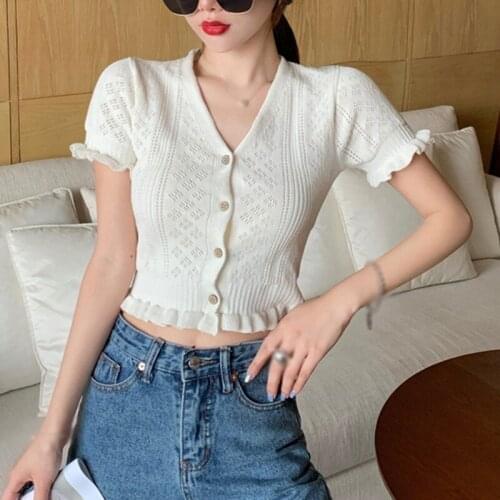 Sexy Hollow Out Women Knitted Tops Summer Thin Short Sleeve V-neck Button Solid Bandage Ruffles Short T-shirt