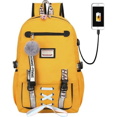 Teenage Big School Bags Large USB Printing Girls Bookbags Student Fashion Ribbon Bow Girls boys Schoolbag Backpack 4 color