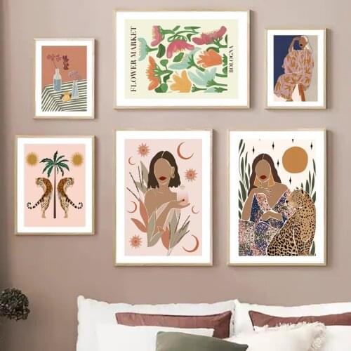 Nordic Vintage Poster Abstract Flower Market Garden Girl Boho Wall Art Print Canvas Painting Decoration Pictures For Living Room