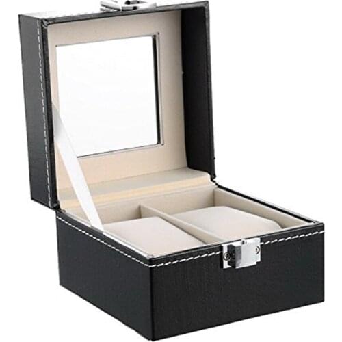 SZanbana Watch Box Small 2 Mens Black Leather Display Glass with Removable Watch Pillow Velvet Lining Metal Clasp Faux Leather