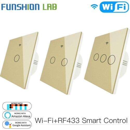 Gold WiFi Smart Light Switch RF433 Wireless Remote Control Glass Panel Light Switch Works With Alexa Echo Google Home 1/2/3 Gang
