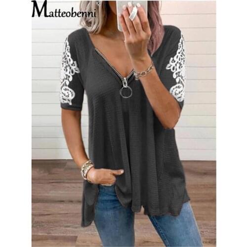 2021 Summer New Lace Petal Short Sleeve Zipper Ladies T-Shirt For Women Oversize V-Neck Loose Casual Solid Color Top Tee Tunic