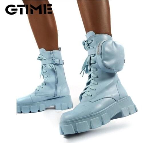 Women Pocket Boot Lace Up Ladies Ankle Boots Female Buckle Strap Black Chunky Sole Pouch Ankle Boots Woman Platform#SJPAE-623