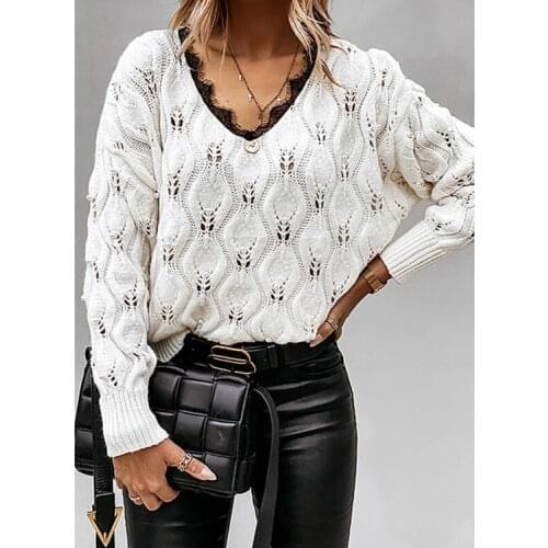 Sweater Women Spring Autumn Solid Color Sweaters Hollow Out Lace V-Neck Long Sleeve Pullovers Woman Clothing Casual Loose Tops