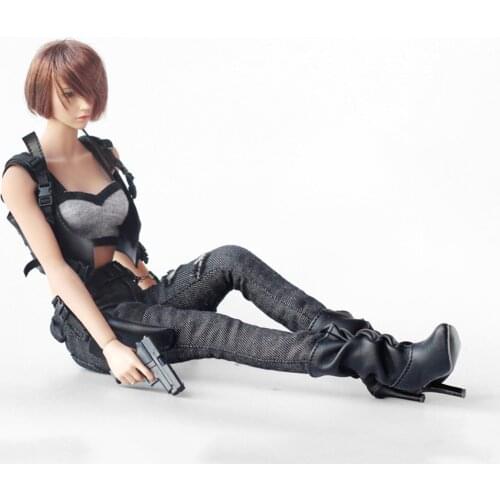 1/6 Female Soldier Black Combat Suit HP058 Top Pants Holster Belt Set Fit 12'' Action Figure Body