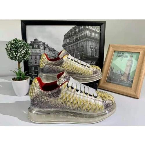 2021 new design 100% real genuine snake skin python leather leisure loafer shoe cow skin lining yellow gold color python skin