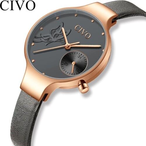 CIVO 2021 Fashion Women Quartz Watch Lady Blue Leather Strap Business Casual Waterproof Wristwatches Gift For Wife Flower Clock