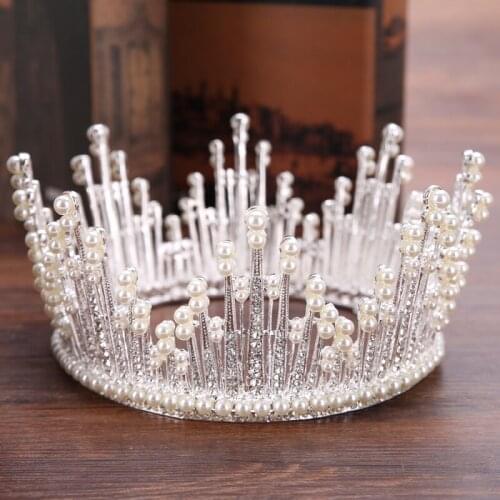 Silver Color Pearl Tiara Round Wedding Big Crowns For Bride Hair Accessories Crystal inlaid Queen Crown Wedding Hair Jewelry