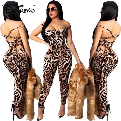 Dotrend 2019 New Sexy Women Jumpsuits Spaghetti Strap Back Lace Up Sheath Romper Long Pencil Pants Skinny Party Bodysuits