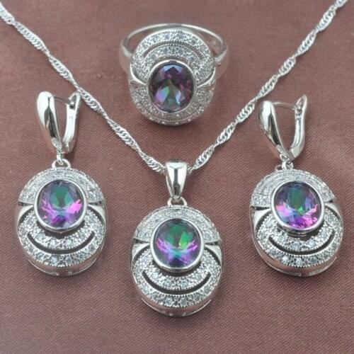 Exquisite Rainbow Zirconia Womens Wedding Silver Plated Jewelry Sets Pendant Earrings Ring Free Gift Box TZ0102