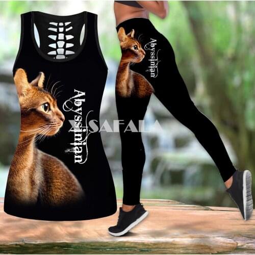 Abyssinian Cat Tattoo Animal Two Piece Yoga Set Women 3D Print Hollow Out Tank Top High Waist Legging Summer Casual Sport-1