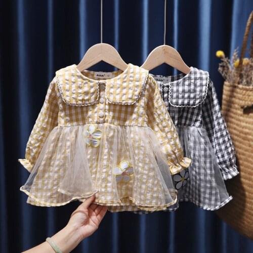 Summer Spring Toddler Baby Girls Lace Dress Cute Long Sleeve Doll Collar Plaid Princess Dresses Children Infant Clothes 1-6T