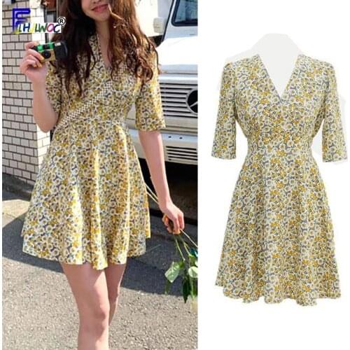Cute Sweet Mini Dresses Hot Women Summer Japanese Korean Style Design Clothes V Neck Yellow Floral Print Vintage Chic Dress