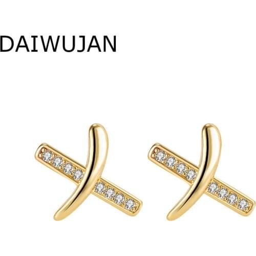 DAIWUJAN Trendy Gold Color Cross Stud Earrings For Women Girls Korean Exquisite Zircon Letter X Small Earring 925 Silver Jewelry