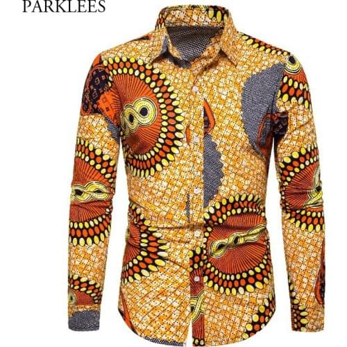 Mens African Print Dress Shirt Causal Button Down Dashiki Long Sleeve Shirt Men Riche African Tribal Clothing Chemise Homme 3XL