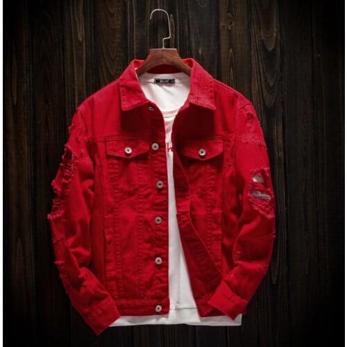Autumn Hole Denim Jacket Men Ripped Cowboy Jackets Coat Male Slim Fit Solid Casual Coats Cotton Red Plus Size 3XL Clothes