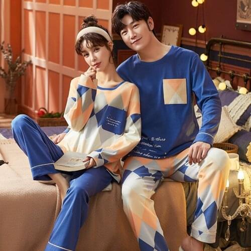 Couple Pajamas Mens Cotton Long Sleeve Spring and Autumn Two Piece Suit Womens Pajamas Cartoon Cute Home Clothes
