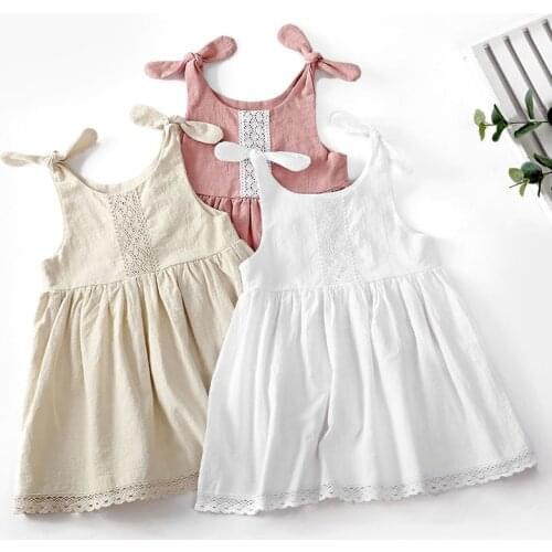 Girls Cotton And Linen Lace Princess Dress Summer New Childrens Solid Color Sleeveless Bandage Casual Cute Sweet Dresses WT011