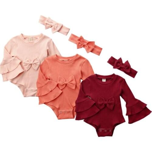 Pudcoco Newborn Baby Girl Rompers Bowknot Stripe Knitted Bodysuit Jumpsuit Solid Flared Sleeve Autumn Winter Warm Outfits Set