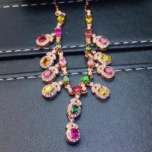 Luxurious big Tassels Natural Multicolor tourmaline necklace Pendant S925 silver natural gemstone necklace woman gift jewelry