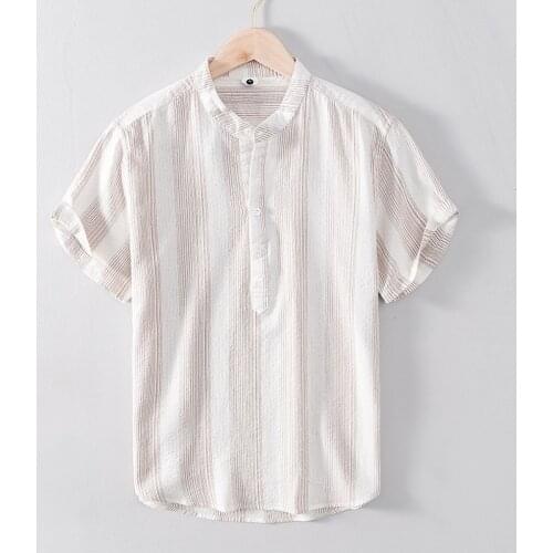 Striped Short Sleeve Shirts for Men Pure Cotton Stand Collar Casual Pullover Tops Male Summer New Fashion Daily Streak Clothes