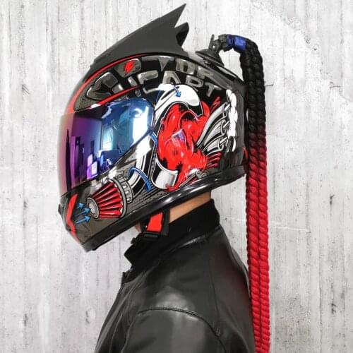 Summer electric motorcycle helmet anti-fog full face double personality and cool locomotive horn dirty braid bluetooth