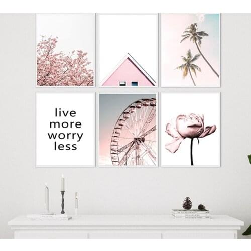 Nordic Style Blush Pink Flower Sky Ferris Wheel Poster And Prints Wall Art Palm Trees Canvas Painting Roof Building Pictures