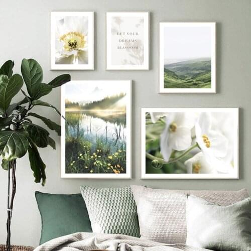 Peaceful Mountain Lake Blooming Poppy Flower Grass Nordic Poster Wall Art Print Canvas Painting Decor Pictures For Living Room