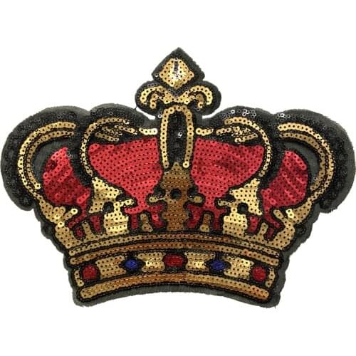 WUYUCONG 2020 New Red and Gold Crown Sequined Patches for Clothes Large Sequins Crown Sew on Patch DIY Sewing Accessories 1Piece