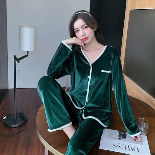 Green 2PCS Velour Women Pajamas Sets Lace Floral Trim Bride Underwear Pyjamas Suit Sexy V-Neck Sleepwear Autumn Home Nightwear