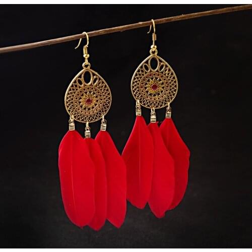 Fashion Women Dream Catcher Red Feather Earrings Vintage Hollow Water Drop Metal Tassel Earrings Jewelry Accessories