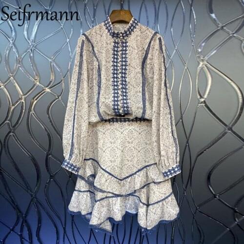 Seifrmann New 2021 Summer Women Fashion Designer Skirts Set Loose Embroidery Shirts High Waist Asymmetrical Skirts 2 Pieces Suit