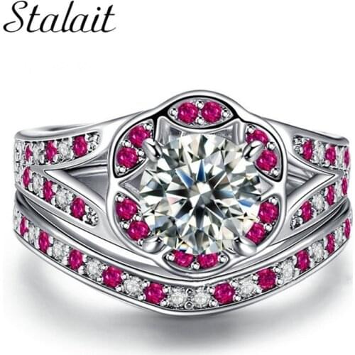 2019 New 2pcs Austrian Crystal Ring Set Jewelry Cubic Zirconia Rose Flower Wedding Rings for Women Anillos Mujer Dropship