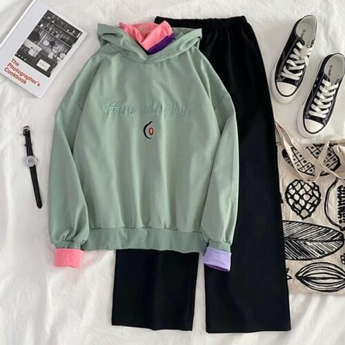 Autumn 2pcs Women Set Outfits Long Sleeve thin Hoodie Sweatshirt embroidery Top + Long Pant 90s Casual loose Fake two Tracksuits