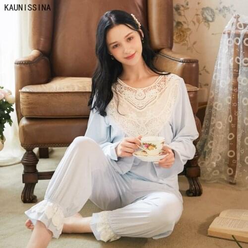Women Long Sleeve Cotton Pajamas Suit Female Autumn Retro Loose Plus Size Court-Style Two Piece Lace Sleepwear Princess Pajama
