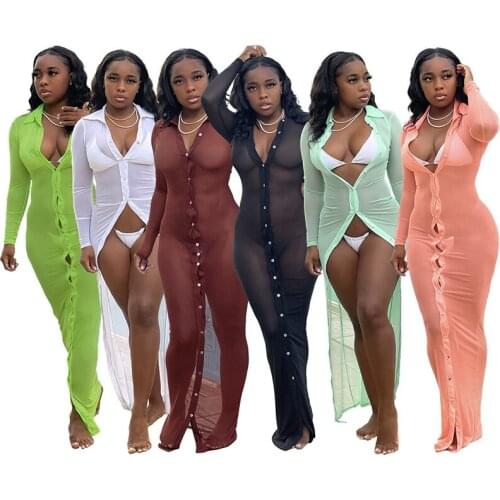 Women Sheer Mesh Long Sleeve Maxi Dress Solid Sexy Turn Down Collar Single-breasted See Through Skinny Dress Fashion Cover Up