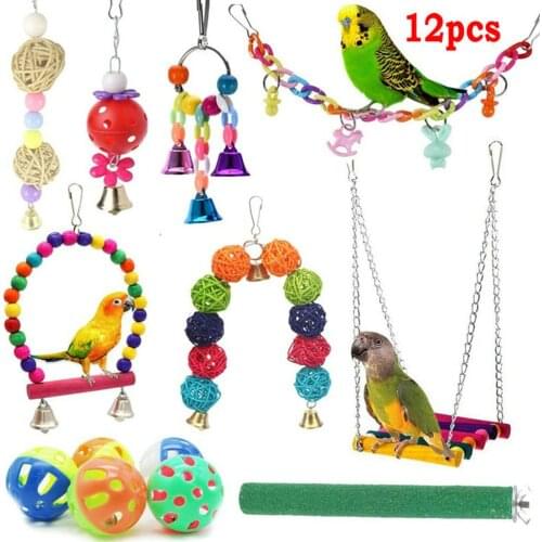 12pcs Bird Toys Parrot Swing Toys Chewing Hanging Hammock Ball Bell Cockatiel Cage Toy Set Standing Training Toys Pet Supplies